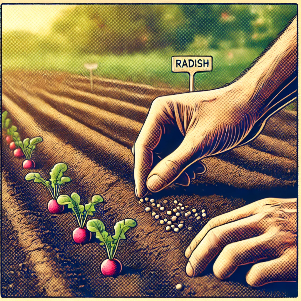 A gardener's hand placing radish seeds into shallow furrows in a neatly prepared garden bed. The soil is dark, moist, and evenly spaced with the help of a planting marker. Blurred greenery and soft sunlight create a serene outdoor garden setting in the background.