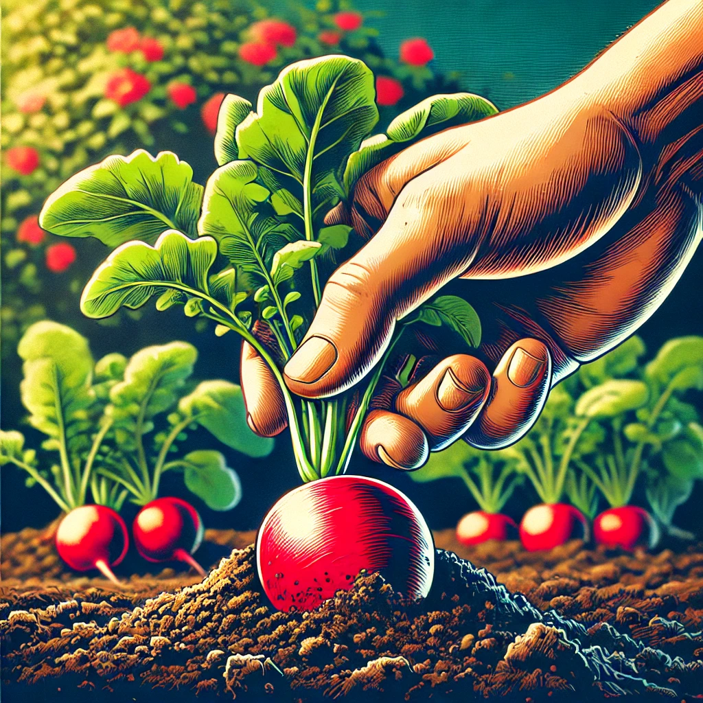 A gardener's hand gently pulling a bright red radish with green leafy tops out of rich, dark soil. The radish has soil clinging lightly to its roots, with other ready-to-harvest radishes and blurred greenery visible in the background under soft, natural sunlight.