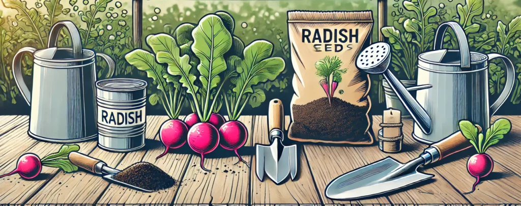 A neatly arranged collection of gardening essentials for growing radishes, including a bag of radish seeds, a trowel with soil, a watering can, a bag of organic compost or fertilizer, and a garden marker. The items are displayed on a rustic wooden surface with a blurred background of green plants and soft sunlight