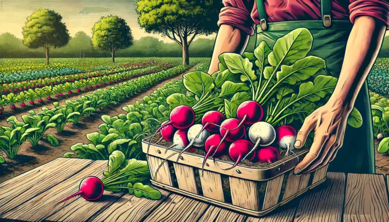 A close-up of freshly picked radishes in a light wooden basket, featuring vibrant red, purple, and white radishes with green leafy tops. A gardener's hand gently holds a bundle of radishes with soil on their roots, set on a rustic wooden table in a lush garden backdrop.