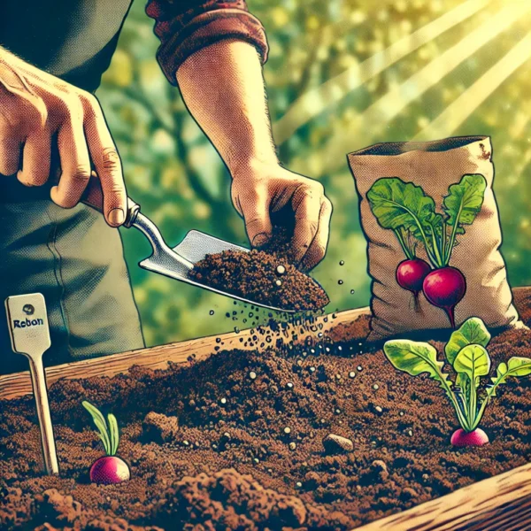 A gardener's hands using a trowel to loosen rich, dark soil in a garden bed. Compost is being mixed into the soil, with a small bag of organic fertilizer nearby. The soil is free of stones and debris, ready for planting radish seeds, with blurred green plants and sunlight in the background.