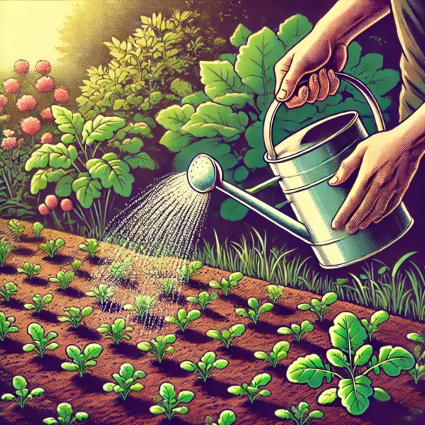 A gardener's hand gently watering evenly spaced radish seedlings in a vibrant garden bed using a watering can with a fine spray. The rich, moist soil supports healthy growth, and the background features companion plants and soft greenery, with sunlight casting a warm glow over the scene.