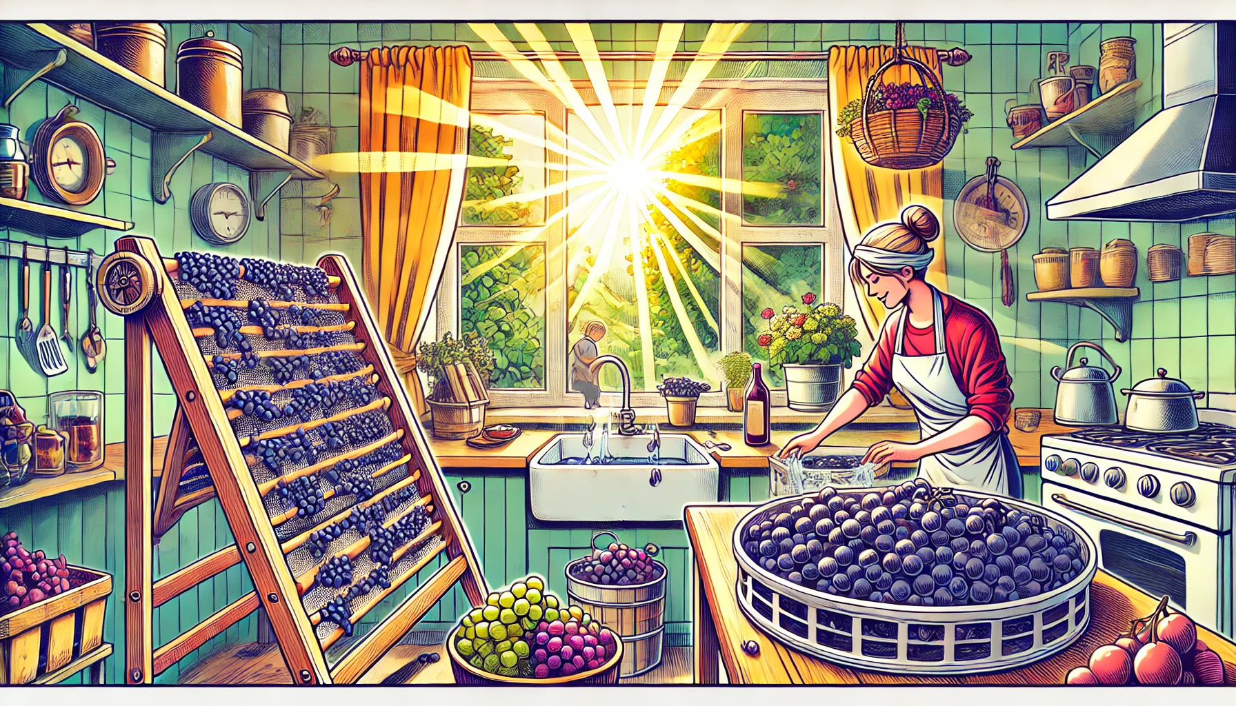 Comic-style illustration of a person washing grapes at a kitchen sink and another arranging them on a drying rack, with sunlight streaming through a large window, highlighting the natural and enjoyable process of making homemade raisins.