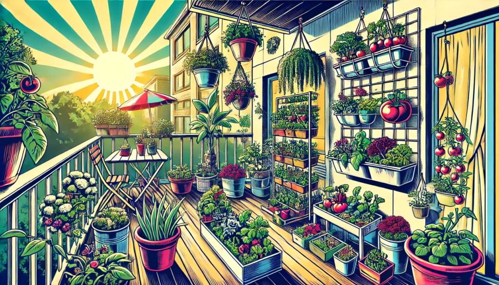 An 80s comic-style illustration of a small-space edible garden featuring vertical planters, hanging baskets, and container gardens on a sunny balcony and patio. The garden is filled with vibrant vegetables, herbs, and flowers, showcasing space-saving solutions for growing food in limited areas. The bold colors and nostalgic comic-style highlight creativity and efficiency in small-space gardening.