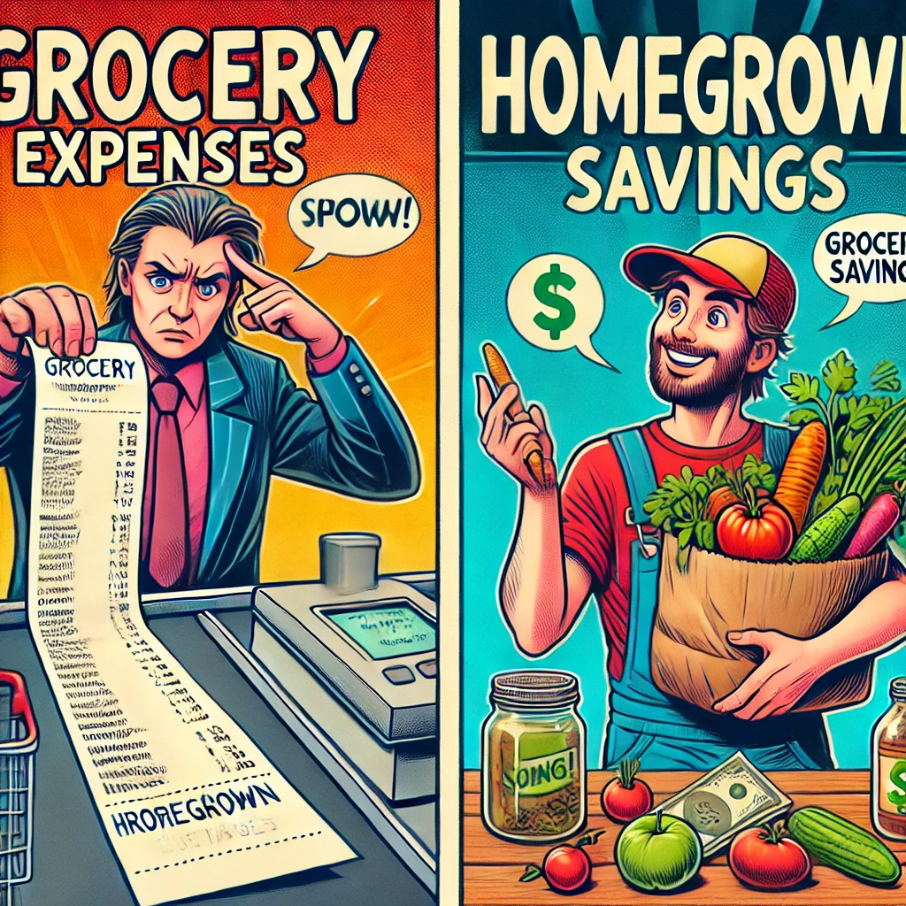 A vibrant 80s comic-style illustration comparing grocery expenses with homegrown savings. On the left, a frustrated shopper at a grocery store checkout holds a long receipt with high prices. On the right, a happy gardener carries a basket of fresh homegrown vegetables, with a visible 'Savings!' sign and a jar labeled 'Grocery Savings.' The bold colors and nostalgic comic-style create a dynamic visual contrast.