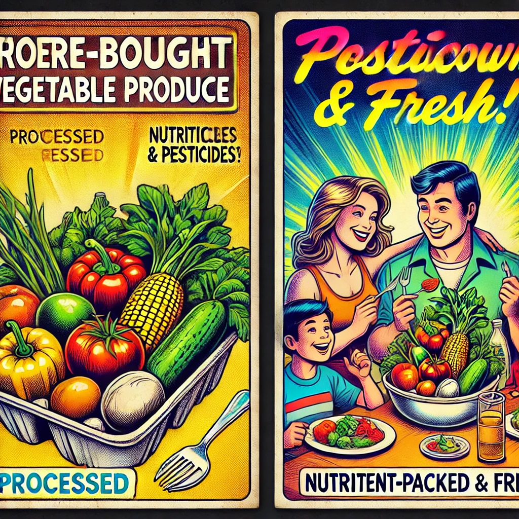 A bold 80s comic-style illustration comparing store-bought and homegrown produce. On the left, a dull, plastic-wrapped grocery store vegetable tray is labeled 'Processed' and 'Pesticides?'. On the right, a vibrant, glowing bowl of freshly harvested vegetables is marked 'Nutrient-Packed & Fresh!'. A happy family enjoys a healthy meal made from homegrown produce, emphasizing the benefits of fresh, pesticide-free food.