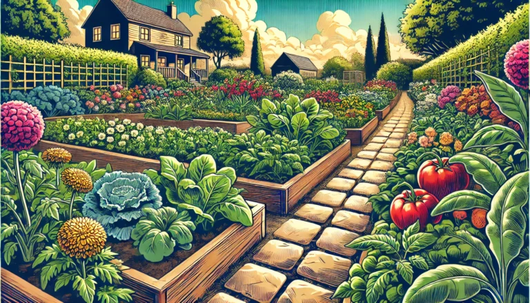 A colorful, 80s comic-style illustration of a winding edible garden path, surrounded by lush raised beds filled with vibrant vegetables, ripe tomatoes, and blooming flowers. The scene features bold, nostalgic colors with a cozy farmhouse in the background under a bright blue sky.