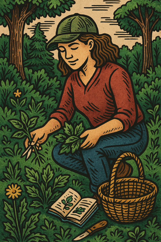 Beginner forager in UK woodland using tools and app to identify wild plants