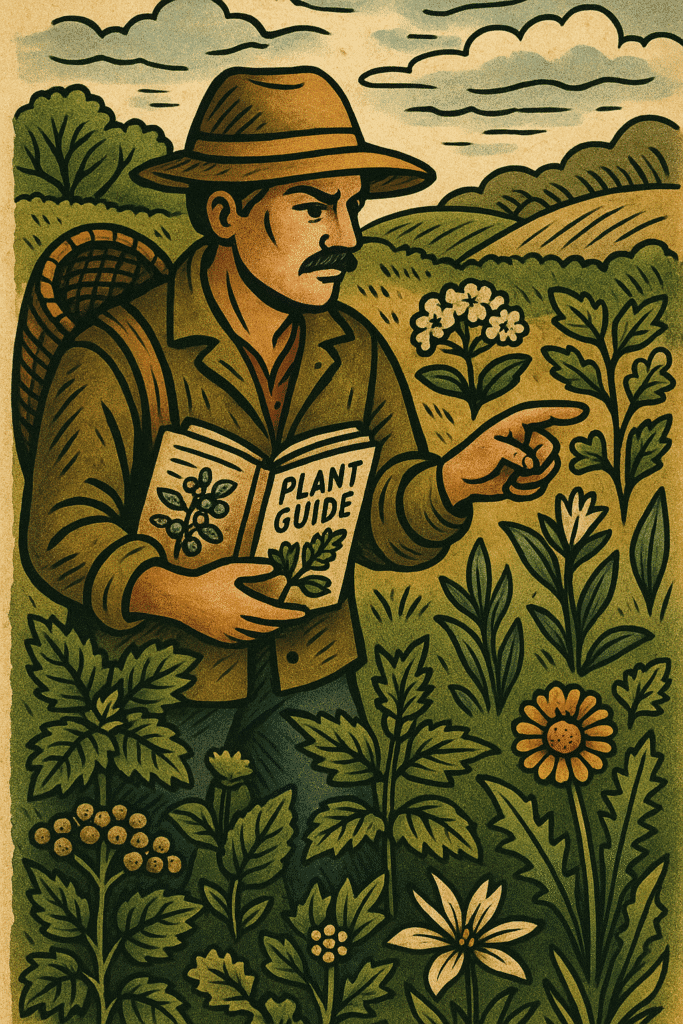 Illustrated forager using a plant guide to identify local wild herbs and edible plants in the UK countryside, surrounded by nettles, dandelions, and elderflowers.