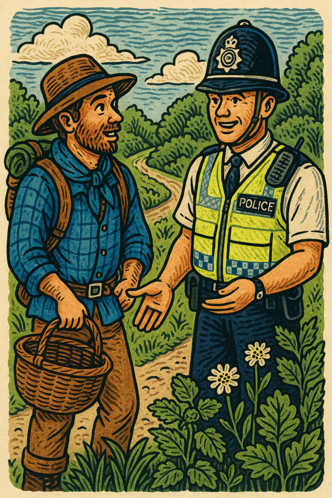Illustration of a UK police officer speaking to a smiling forager on a countryside trail, highlighting land access and foraging laws