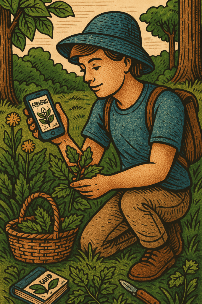 Illustration of a beginner forager using a smartphone app to identify wild plants in a UK forest, with a basket, guidebook, and edible herbs nearby.