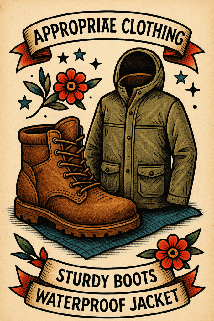 Illustration of waterproof jackets, boots, gloves, and baskets laid out in a cosy UK cottage, ready for a foraging trip.