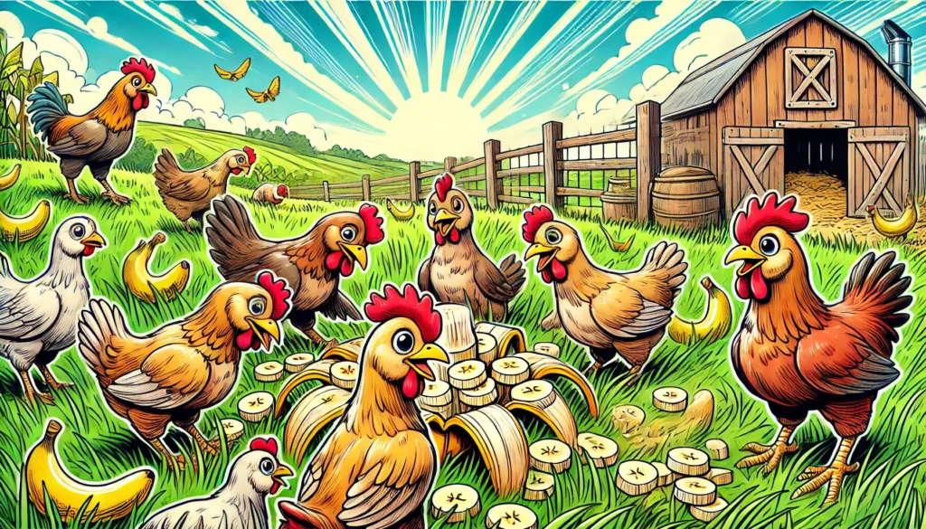 A vibrant comic-style illustration of cheerful chickens pecking at slices of banana on lush green grass, surrounded by a rustic wooden fence and a sunny blue sky in a charming farmyard setting.