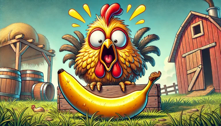 A whimsical illustration of a chicken in a farmyard looking hilariously surprised at a banana on a wooden crate, emphasizing the humor in feeding chickens bananas.