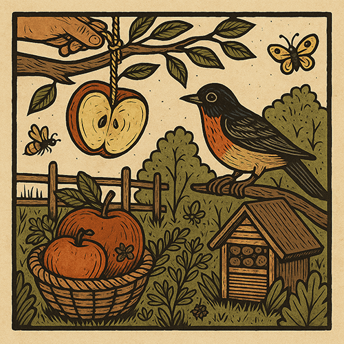 Folk-style illustration of a bird feeding on an apple hanging from a branch, symbolising natural and DIY garden care.