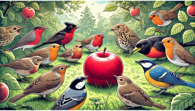 A group of birds, including robins, blackbirds, waxwings, and woodpeckers, gathered around a fresh apple in a garden, highlighting species that eat apples.