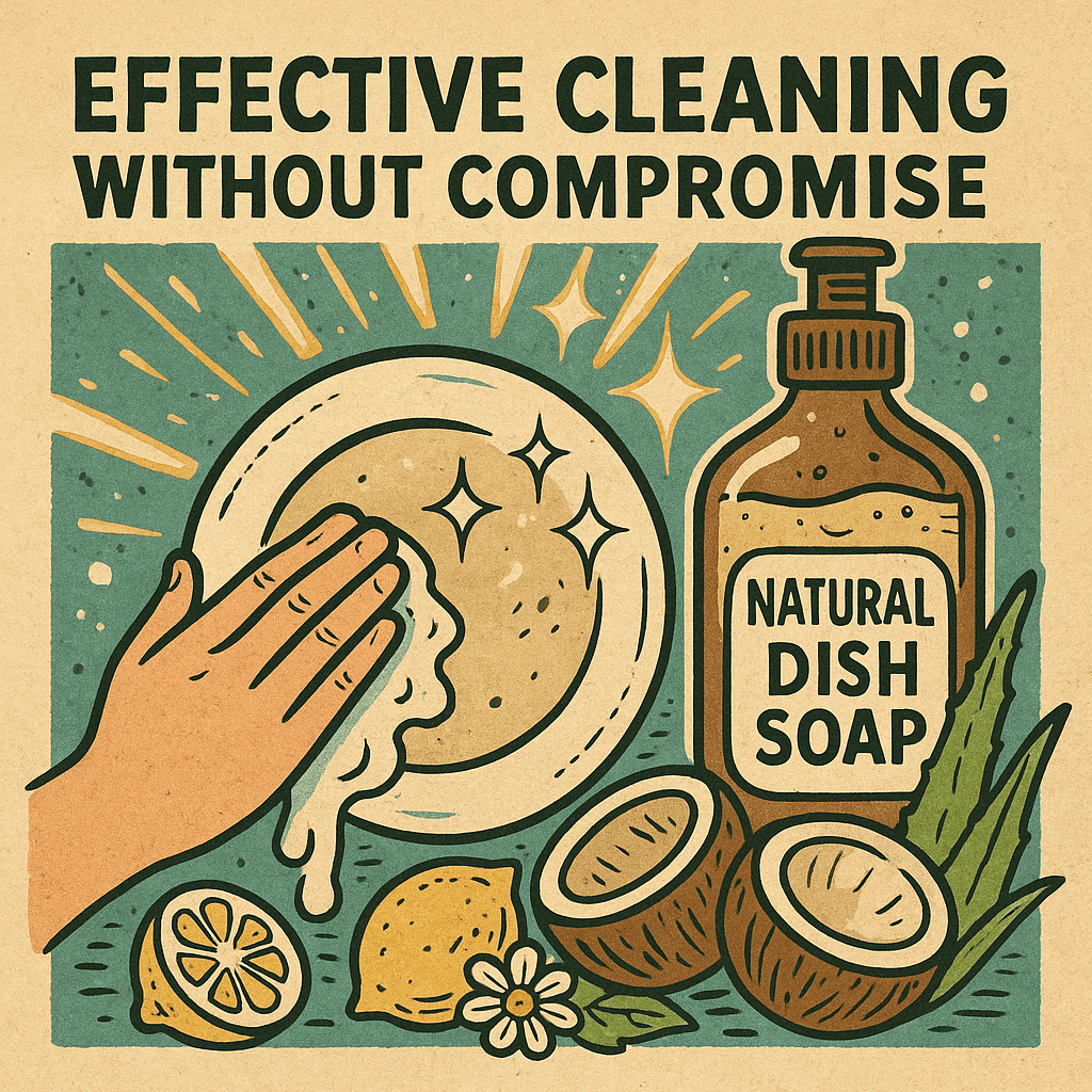 Vintage-style illustration of a hand washing a sparkling plate with natural dish soap, surrounded by lemon, coconut, aloe vera, and a bold 'Effective Cleaning Without Compromise' banner