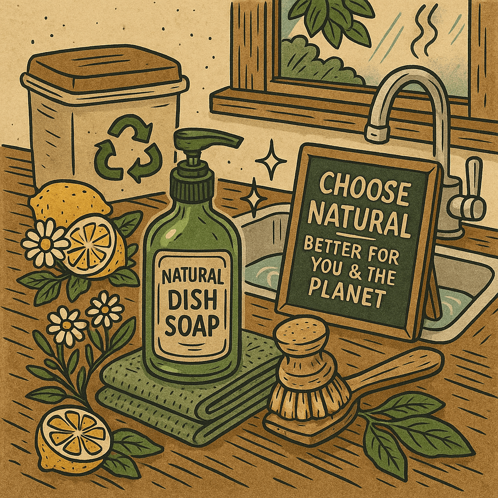 Eco-friendly kitchen illustration with natural dish soap, compost bin, reusable cloths, and sign reading 'Choose Natural – Better for You & the Planet