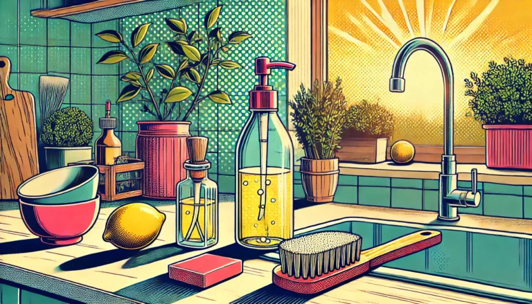 An 80s comic-style illustration of a bright, minimalist kitchen featuring a glass bottle of natural washing up liquid, a bamboo dish brush, and a ceramic soap dish. Fresh lemons and potted herbs sit on the counter, with warm sunlight streaming in, creating a vibrant and sustainable kitchen scene.