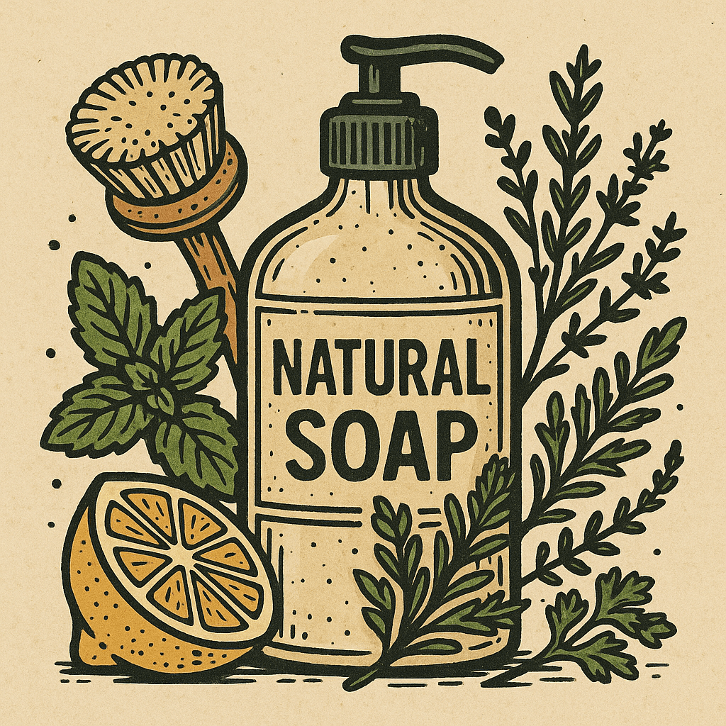 Illustration of a natural soap bottle with lemon, mint, rosemary, thyme, and a wooden dish brush – eco-friendly dishwashing concept
