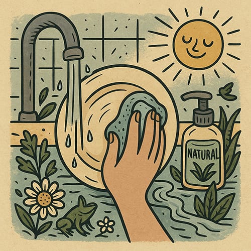 Folk-style illustration of a hand washing a plate with natural soap, surrounded by aloe, chamomile, and a smiling sun – symbolizing skin-safe and allergy-friendly dishwashing