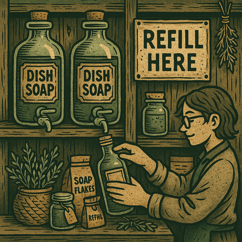 Vintage-style illustration of a dish soap refill station with glass dispensers, reusable bottles, and natural packaging – promoting zero-waste and sustainable cleaning options