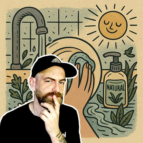 Folk-style illustration of a hand washing a plate with natural soap under sunlight, surrounded by herbs and a smiling sun – promoting a gentle and sustainable alternative to traditional washing-up liquids
