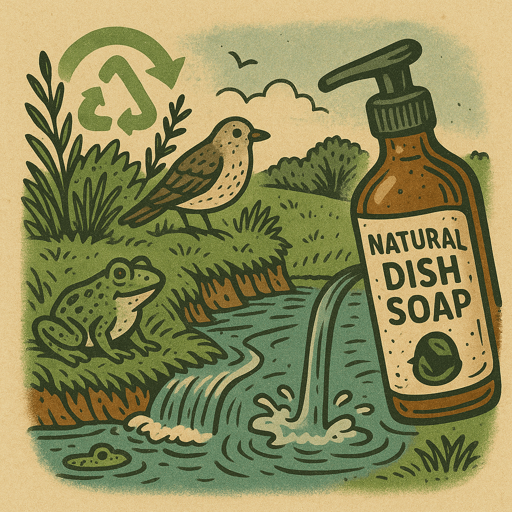 Eco illustration of natural dish soap pouring into a clean stream with frog, bird, and recycling symbol – highlighting biodegradable ingredients and water safety