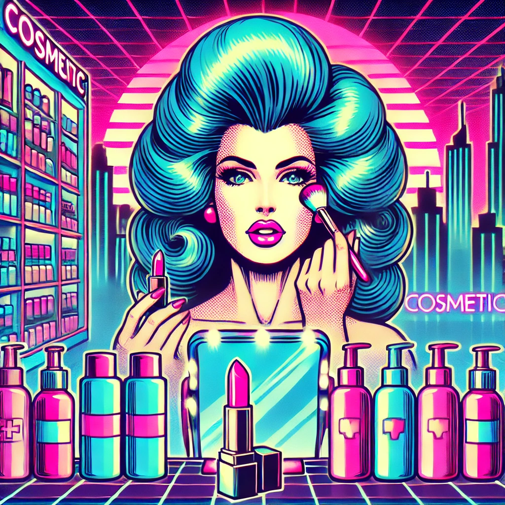 A vibrant 1980s comic-style illustration of a neon-lit beauty store filled with oversized shampoo bottles, lipsticks, and skincare products. A glamorous character with big retro-styled hair and glowing skin applies makeup in front of a mirror reflecting a cityscape of cosmetic brand logos. Bold halftone patterns, neon pink and blue hues, and dynamic comic book lines enhance the nostalgic 80s aesthetic.