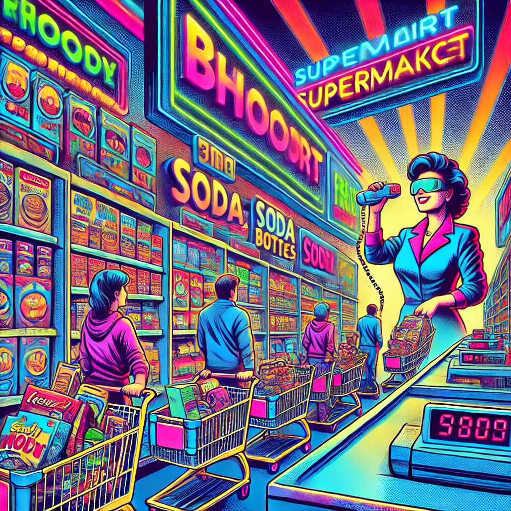 A vibrant 1980s comic-style illustration of a neon-lit supermarket with towering shelves filled with oversized grocery items like cereal boxes, soda bottles, and snacks. A cheerful cashier with exaggerated comic-style features rings up customers pushing carts overflowing with colorful products. The store’s signage glows with bold logos of fictional retail chains, set against bright neon colors, halftone patterns, and dynamic retro comic book action lines.