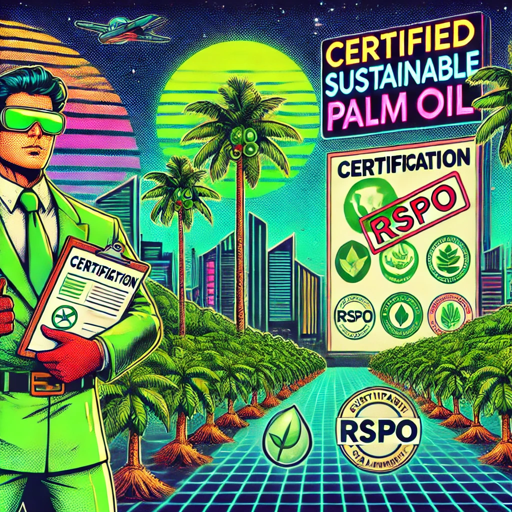  vibrant 1980s comic-style illustration of an eco-friendly palm oil plantation with lush green palm trees and a neon-lit certification sign displaying RSPO and other sustainability labels. A heroic farmer in a retro uniform proudly holds a clipboard with an approval stamp, while a scientist in a lab coat inspects the soil. In the background, a futuristic city skyline with glowing eco-friendly billboards promotes sustainable palm oil. The scene is filled with bold halftone patterns, neon greens and yellows, and dynamic retro comic book action lines.