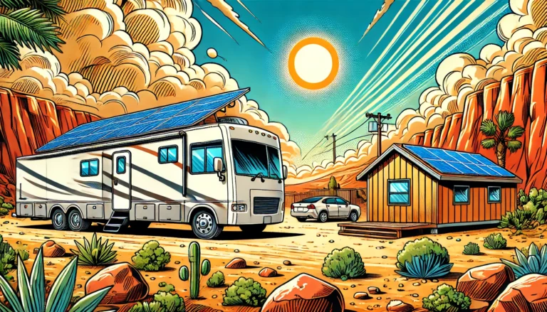 An RV with rooftop solar panels in a desert landscape, a remote cabin with standalone solar panels, and a tiny home with solar panels in a suburban setting under a clear blue sky, representing versatile off-grid solar systems for different lifestyles.