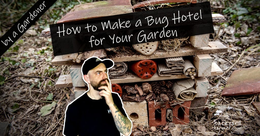 DIY bug hotel made from bricks, bamboo, and natural materials with text overlay 'How to Make a Bug Hotel for Your Garden' and gardener illustration