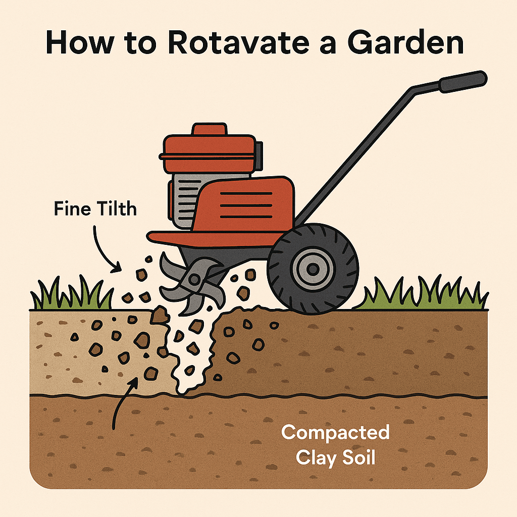 How to rotavate a garden – rotavator working through clay soil in spring