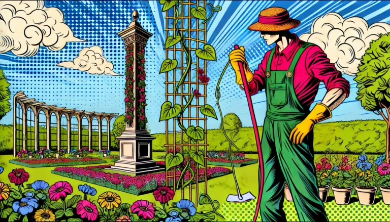 Illustration of a gardener in a colorful outfit tending to a climbing plant growing up an ornate obelisk, set in a vibrant garden. The image is styled in a comic art style with bold outlines and vivid colors, inspired by Andy Warhol.