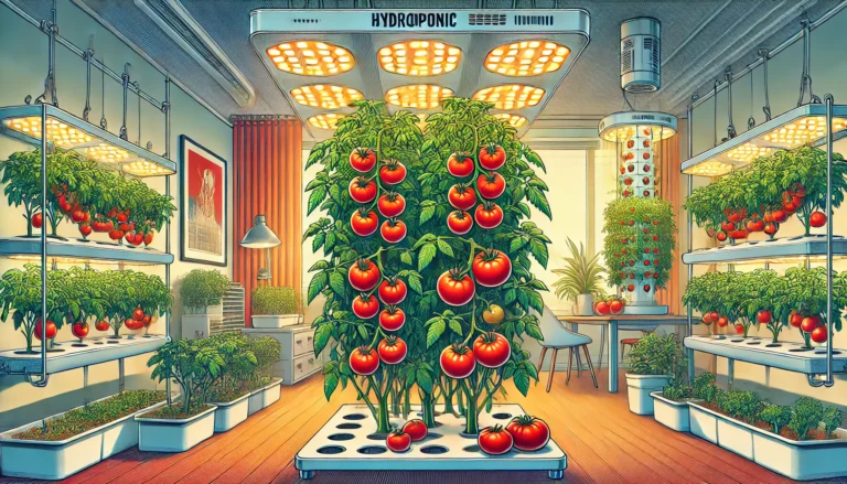 A well-lit indoor garden with vibrant tomato plants growing in containers under LED grow lights. The ripe red tomatoes hang from lush green vines, with a cozy home setting in the background.