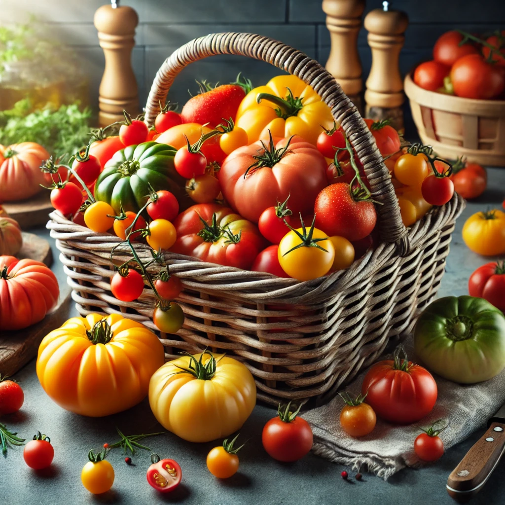 A basket full of freshly harvested tomatoes in a variety of colours and sizes is placed on a kitchen counter.