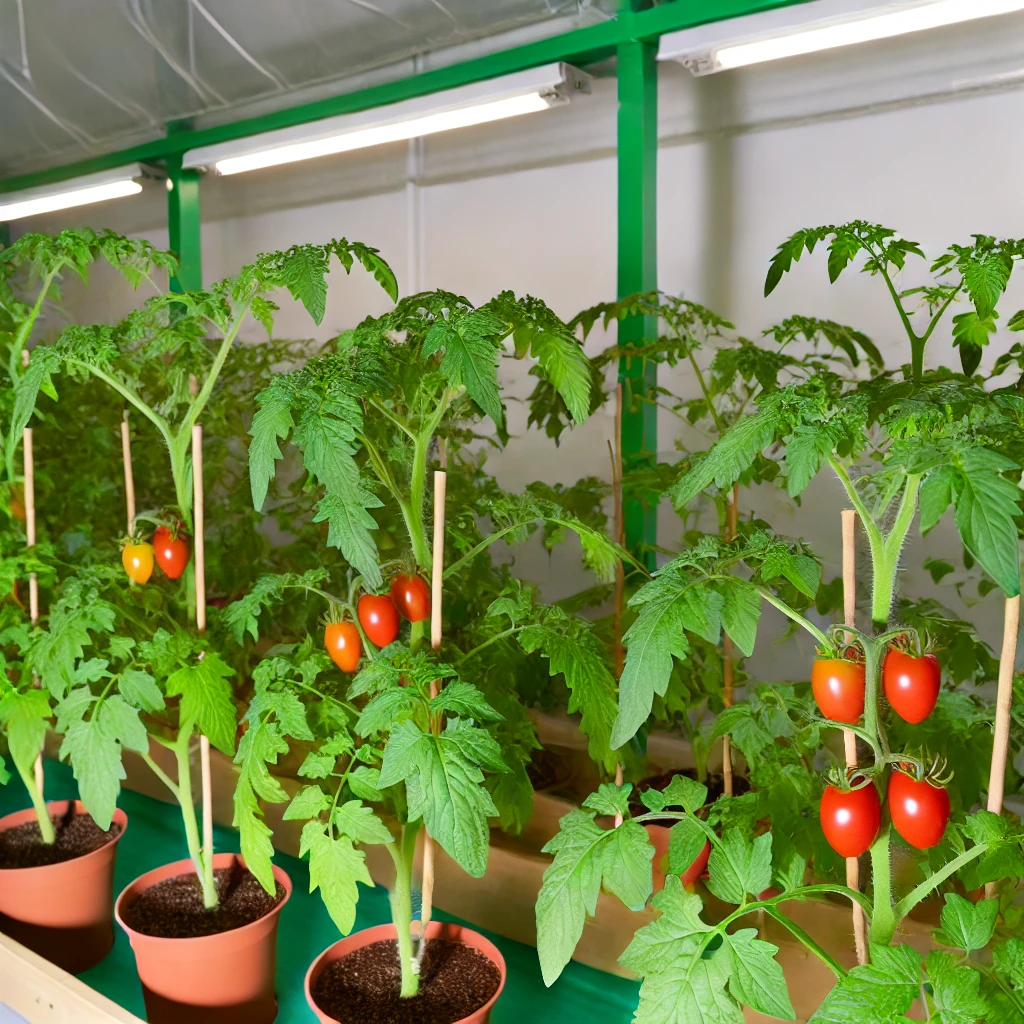 A well-lit indoor garden with healthy tomato plants showcasing vibrant green leaves and ripe red tomatoes arranged neatly.