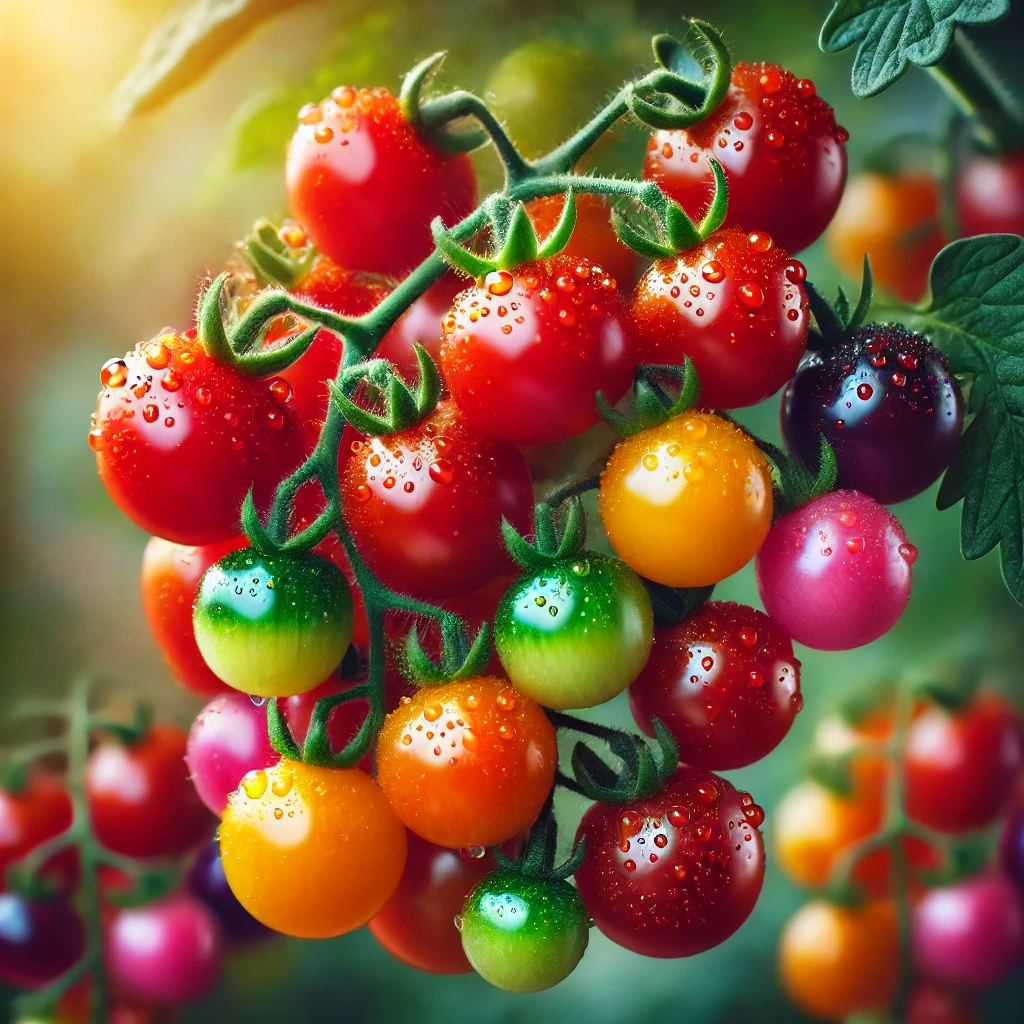 Close-up of cherry and grape tomato clusters on the vine showing their vibrant colours and healthy appearance.