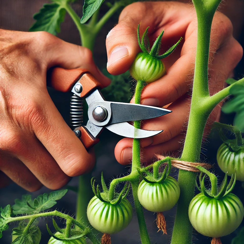 Close-up of hands pruning a tomato plant showing the proper technique for removing suckers.