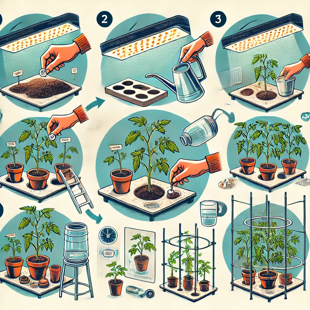 Step-by-step visual guide to setting up an indoor tomato garden, including planting seeds, installing grow lights, and preparing containers.