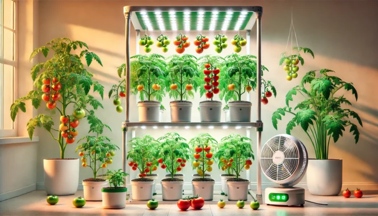 Vibrant and well-lit indoor garden showcasing healthy tomato plants in various stages of growth, including compact and cherry tomato varieties in containers, with LED grow lights and a small oscillating fan for air circulation. Tomatoes are seen at different ripeness stages, from green to fully ripe red, in a clean and bright indoor setting.