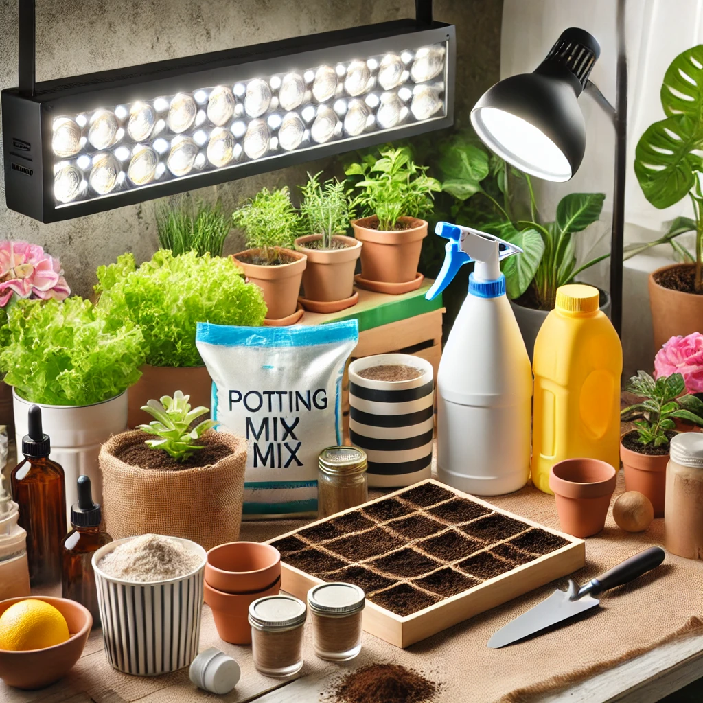 Essential gardening supplies such as containers, potting mix, grow lights, and fertilisers are arranged neatly on a table.