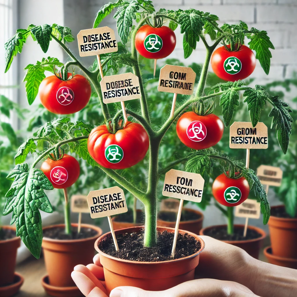 Healthy tomato plants with labels indicating their disease resistance are grown in indoor containers.