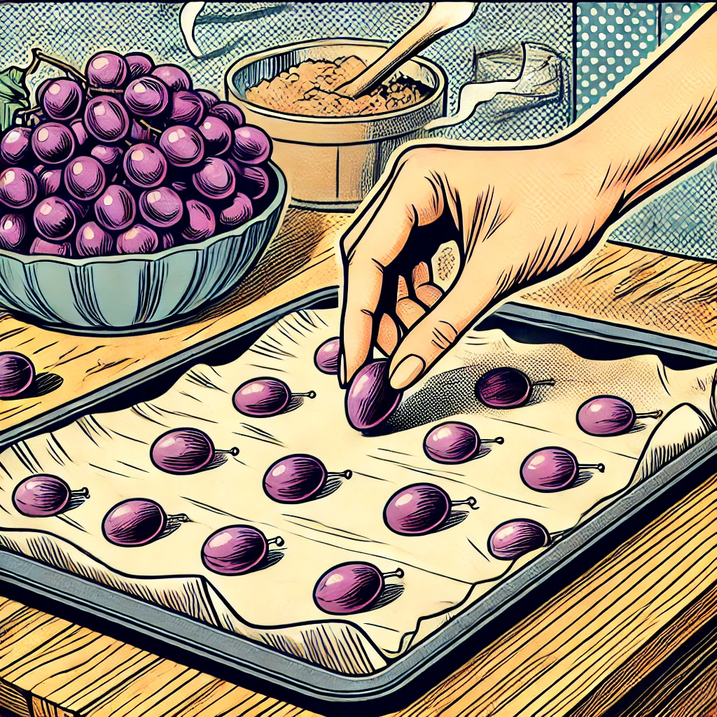 Comic-style illustration of hands placing grapes in a single layer on a wire rack and baking tray, ready for sun drying