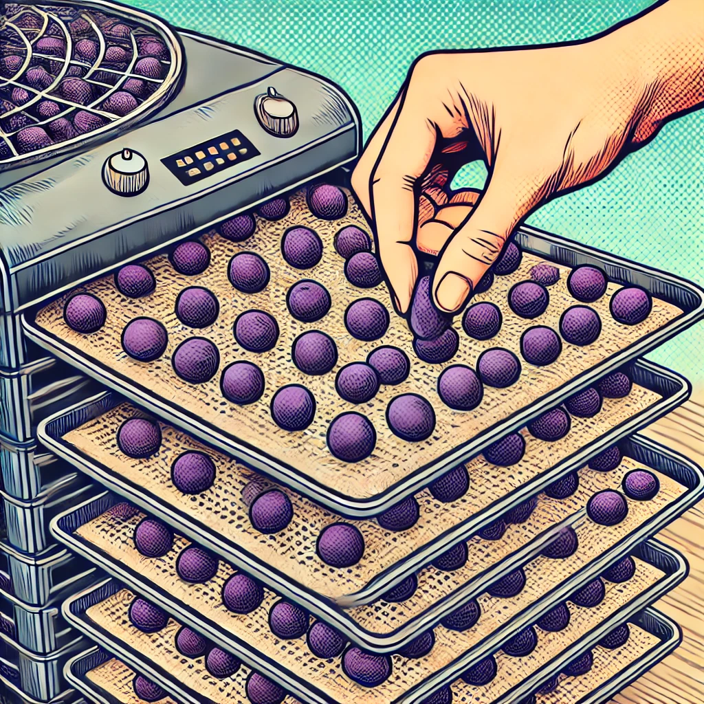 Comic-style illustration showing dehydrator trays being filled with grapes in a single layer, ready for drying in a dehydrator machine