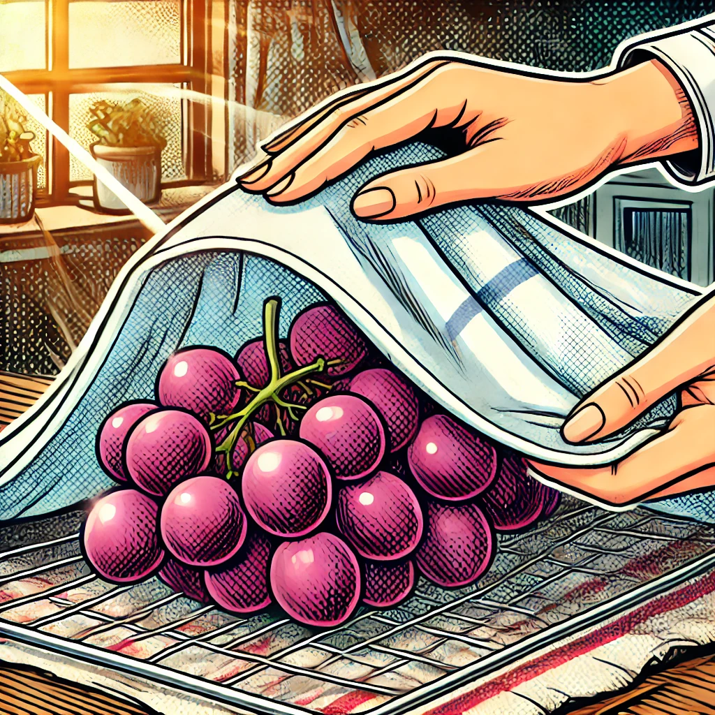 Comic-style illustration of grapes being covered with a mesh netting or clean tea towel on a rack to protect them during sun drying