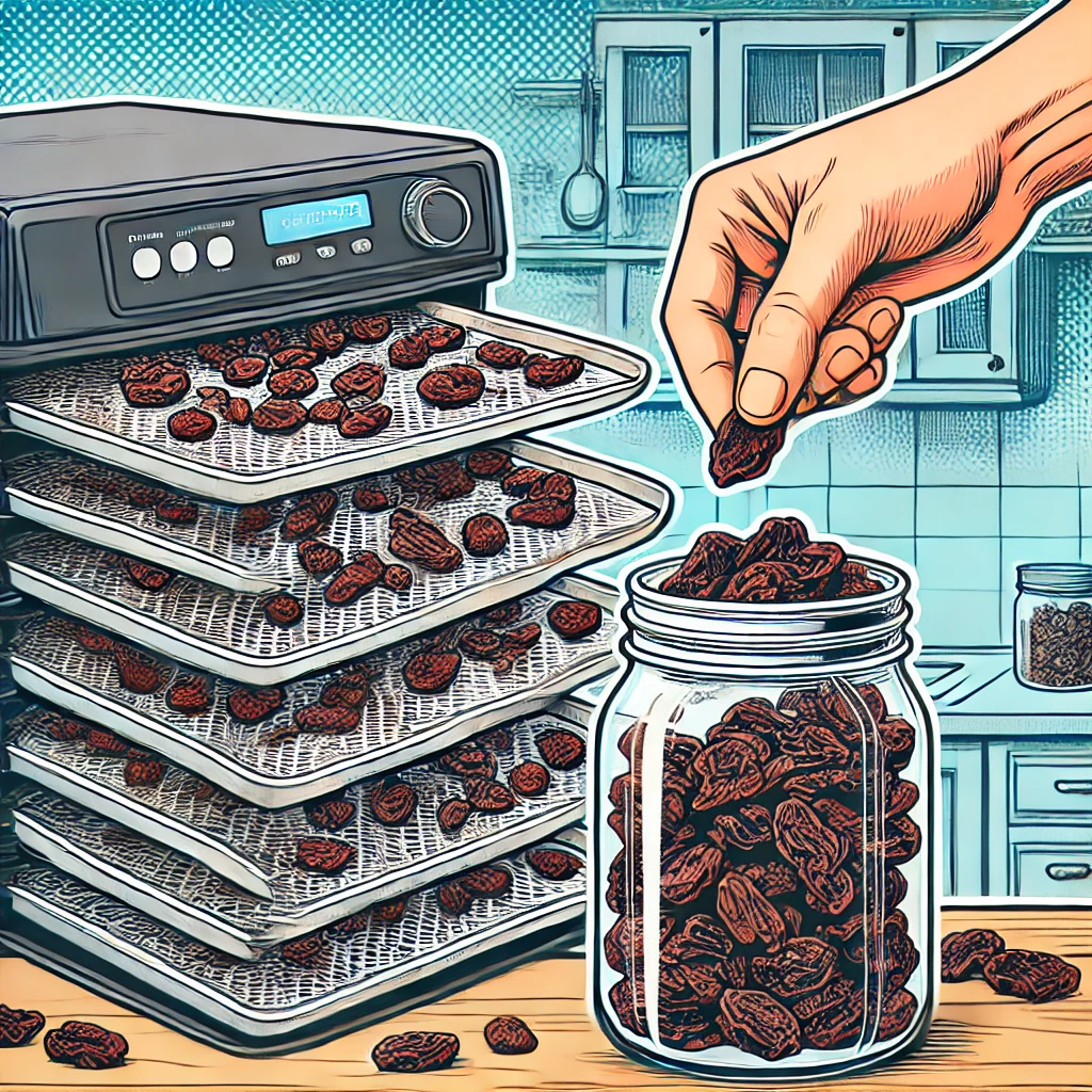 Comic-style illustration of a hand placing dried raisins into a glass mason jar after cooling, with a neat kitchen background.