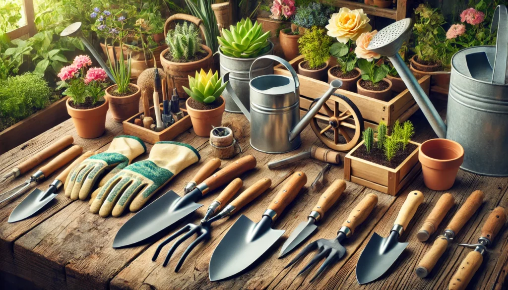 A selection of essential gardening tools including a trowel, pruners, gloves, watering can, garden fork, hoe, and wheelbarrow on a wooden surface, Therapeutic gardening