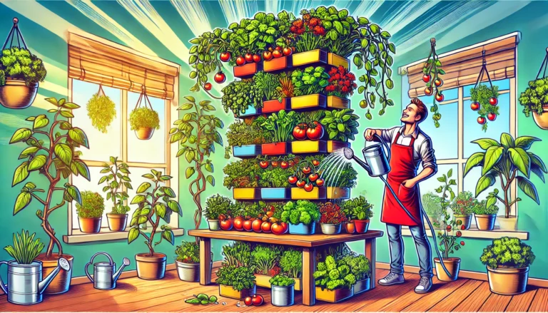 Comic-style image of a happy gardener watering colorful, stacked planters with tomatoes, basil, and lettuce in a sunlit indoor vertical garden.